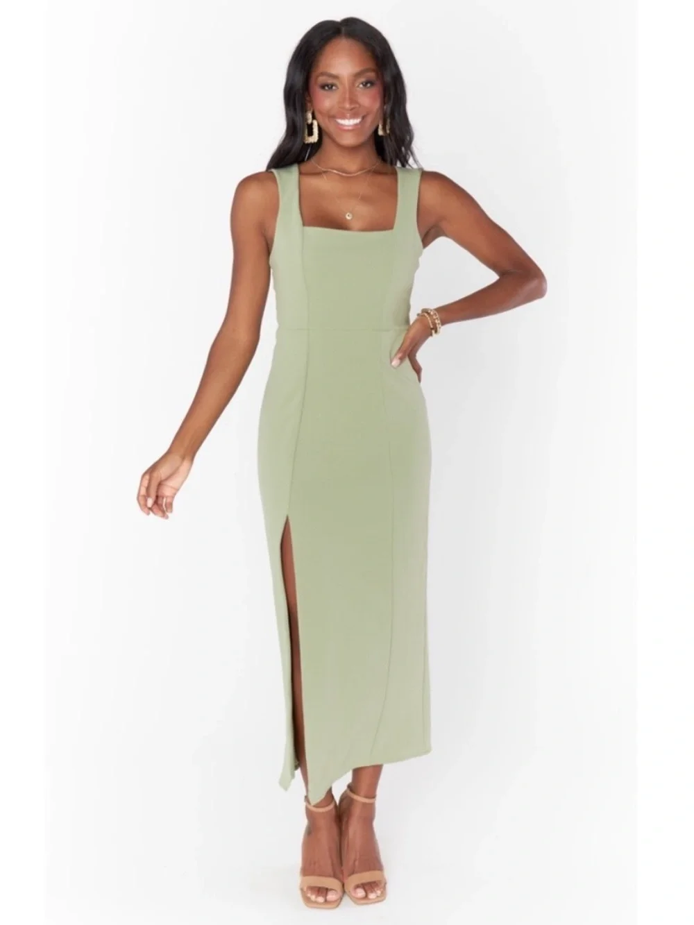 NWT Show Me Your MuMu Eden Midi Dress Square Neck Stretchy Moss Green Size S - Picture 1 of 8